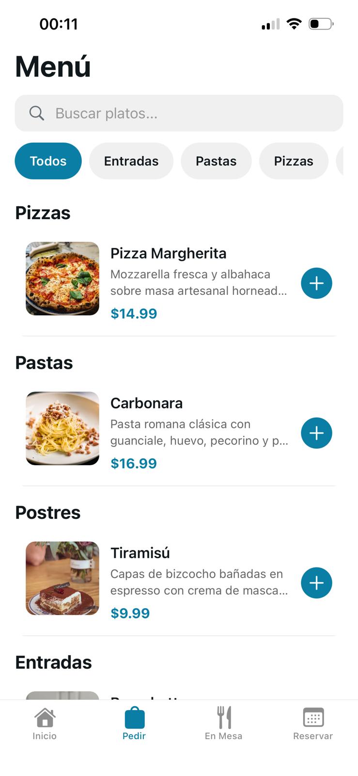 Menú de la app
